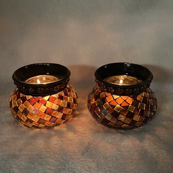 Partylite Mosaic Glass Candle Holders - Brown and Gold Set of 2 - Picture 4 of 16